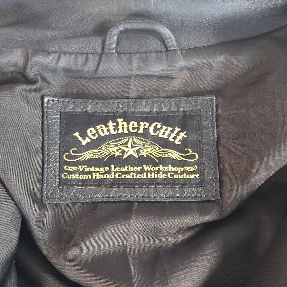 Leather Cult Jacket Mens Unisex Medium Black Genuine Leather Biker Vintage Moto - Picture 6 of 15